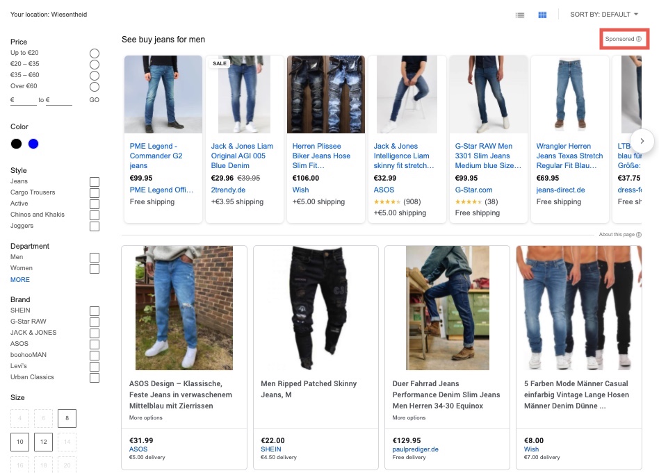 Google Shopping has its tab called "Shopping" in which all relevant products are displayed and can be filtered.