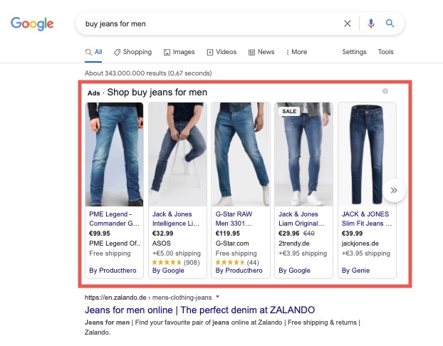 Google Shopping results above the search results