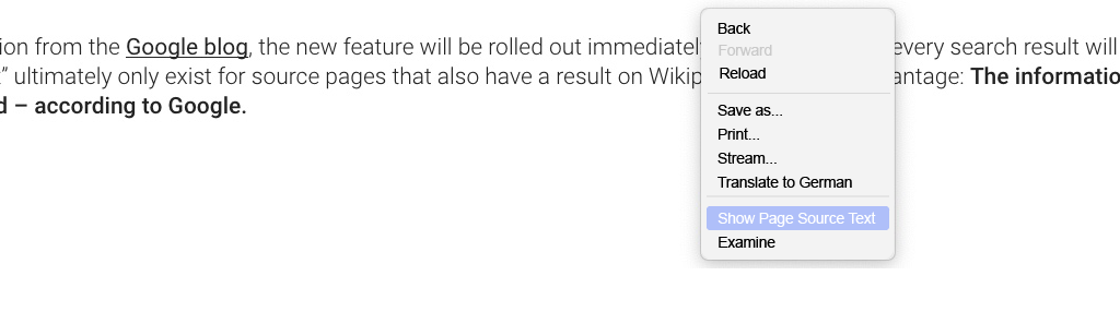 With a right click on the page you can display the page source text