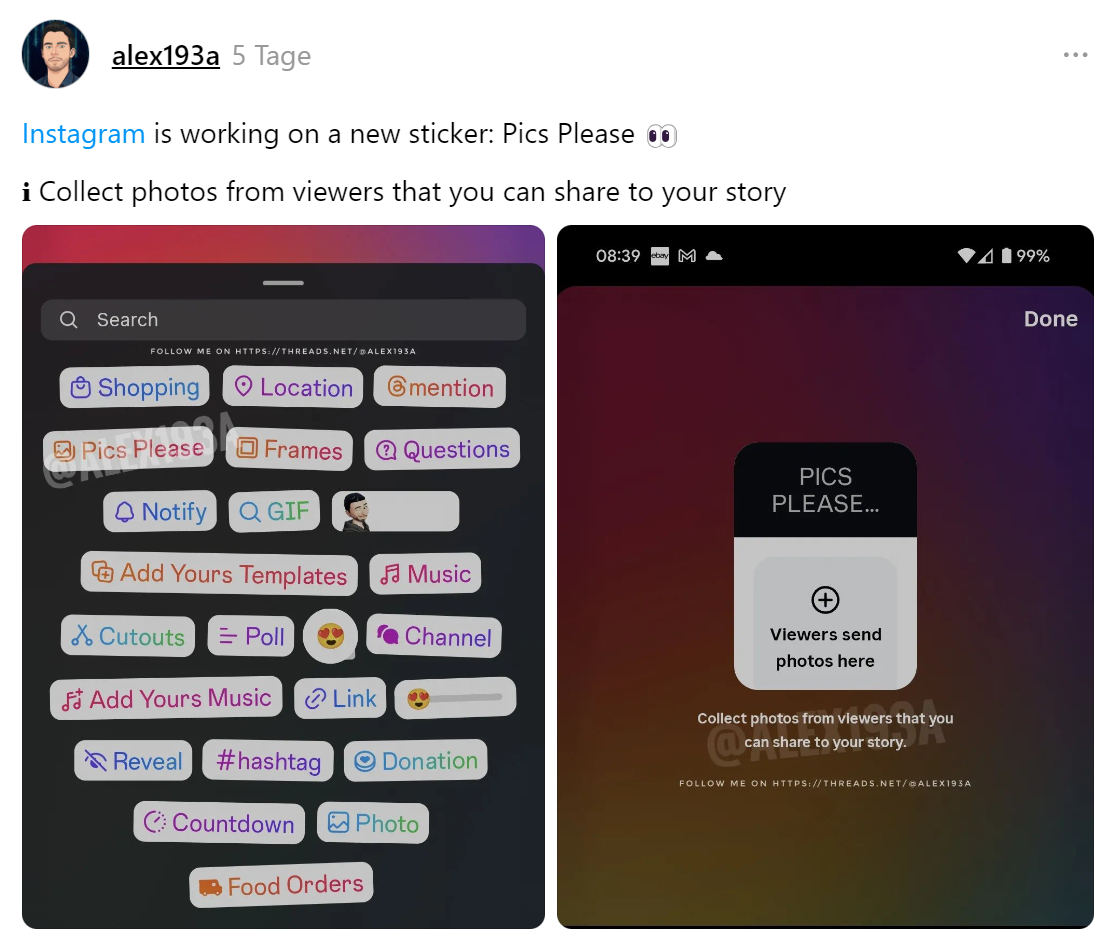 Instagrams new Sticker "Pics Please".