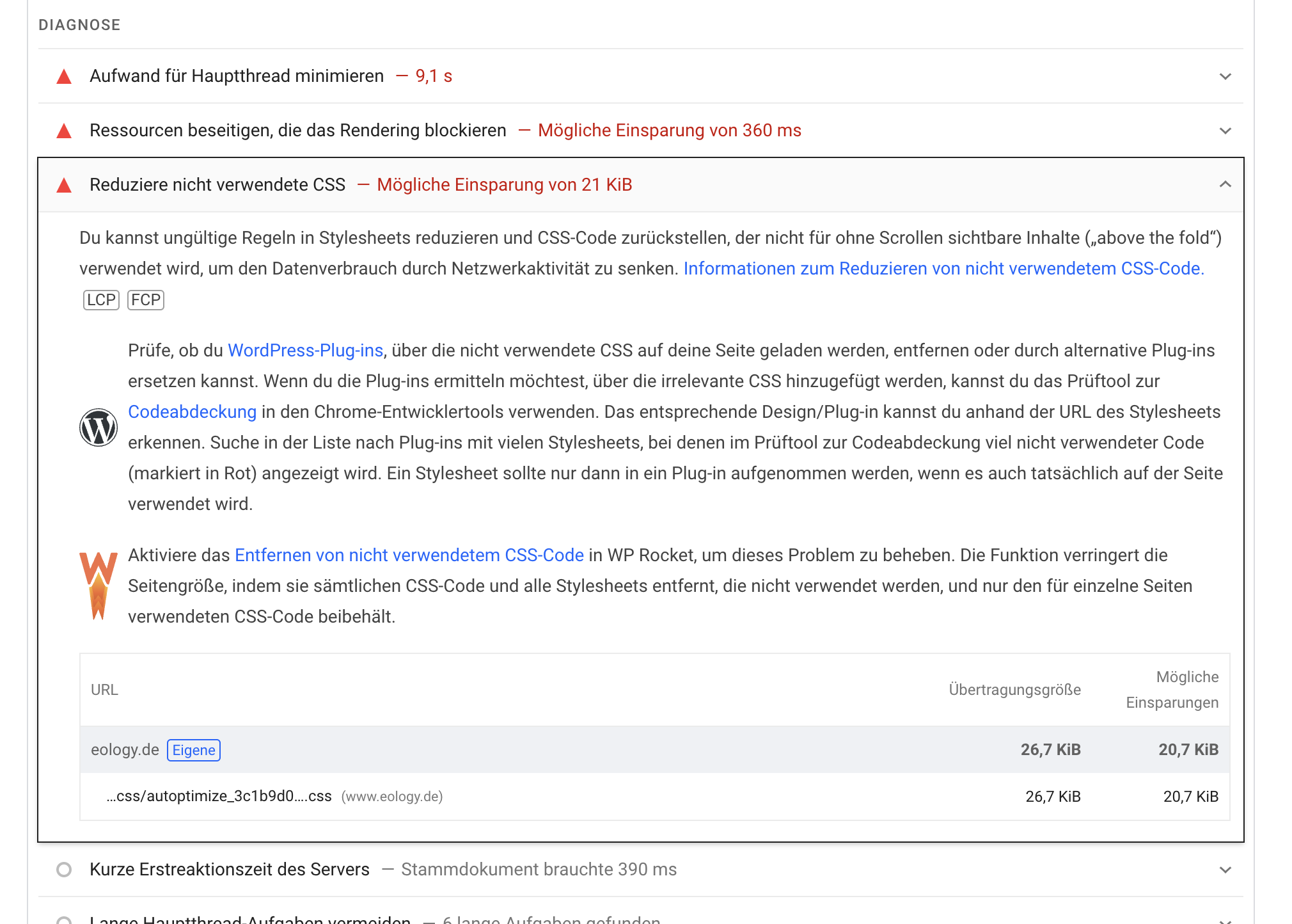 Excerpt from Pagespeed Insights test on www.eology.de